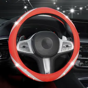 PU Leather & Rhinestone Patchwork Style Steering Wheel Cover - Inner Ring Design, Shiny Elegant & Durable for Car