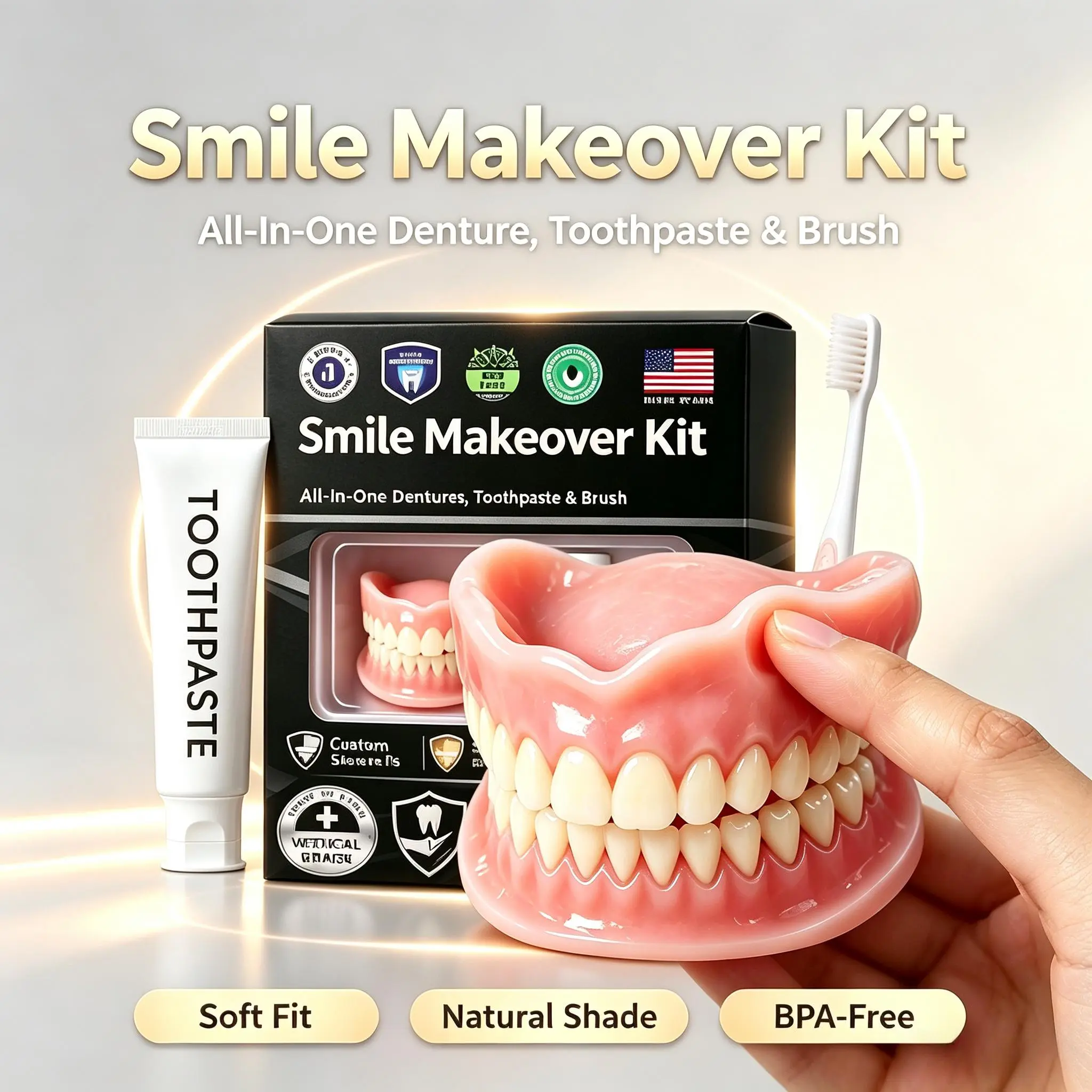 Moldable Silicone False Teeth Upper Lower Set, Natural Ivory Instant Smile Denture for Edentulous, Free Toothbrush Toothpaste