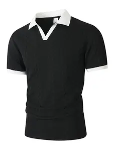 Men's Spring ＆ Summer Outfits Fashionable Casual Vintage Colorblock Cable Knit Polo Shirt, Contrast Black Trim, Breathable Knit Top Short Sleeve, Textured Fabric, Retro Casual Top for Streetwear & Everyday Outfits