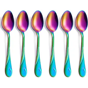 6-Piece 7.6-inch Stainless Steel Dinner Spoon Set Shiny Rainbow Soup Table Spoons Silverware Dishwasher Safe