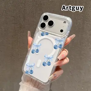 Magnetic Soft Phone Case for iPhone 17 16  Pro Max Plus 15 14 13 12 11 Air E Blue Cherry Bows Pattern Anti-Yellowing Shockproof ultra-thin Silicone Crystal Transparent Acrylic Large Hole Cover Supports Wireless Charging