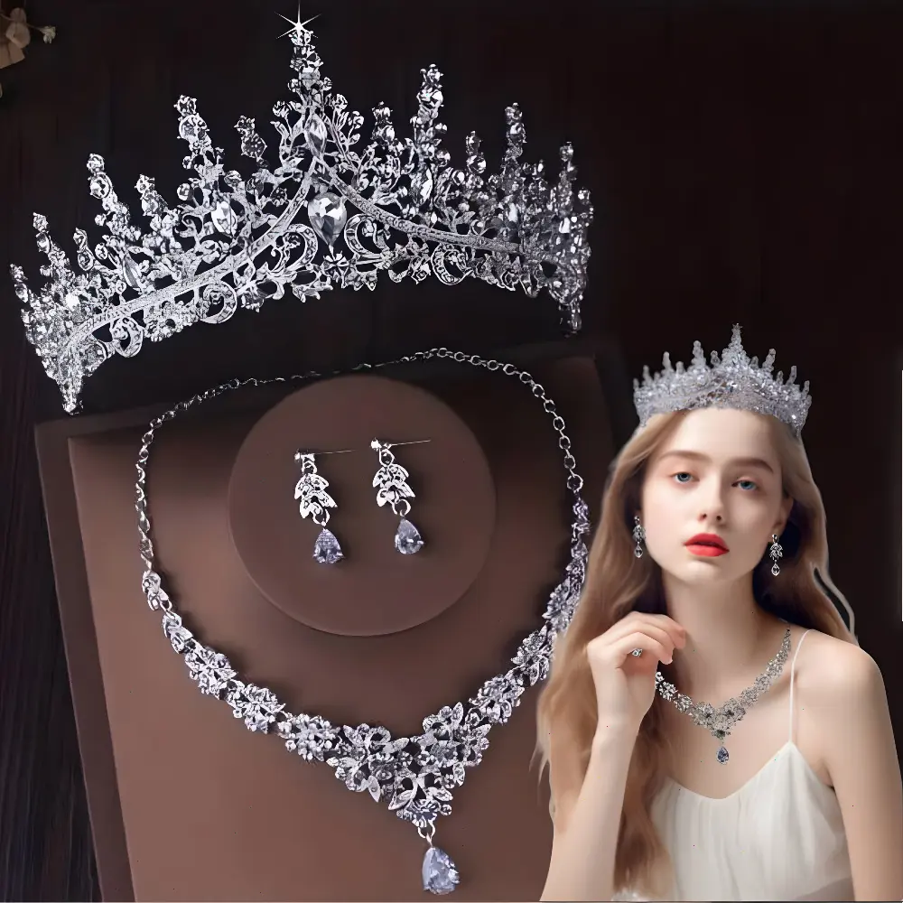 High End Luxury Crown Necklace Earring Set Bride Wedding Dress Jewelry Wedding Necklace Wedding Jewelry High End Grand Dinner Banquet Birthday Crown Necklace Earring Set of Three