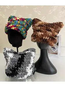 Handwoven Cat Ear Hat for Women, Thick Warm Dual Color Design, Detachable Pearl & Diamond Pin, Perfect for Winter Fashion, Knit Hats
