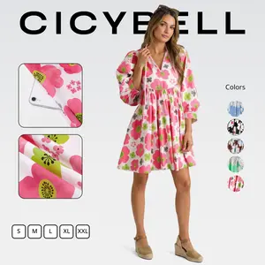 Cicy Bell Women's Floral Mini Dress 3/4 Balloon Sleeve V Neck Flowy Babydoll Dress for Summer Beach Vacation Boho Outfits Casual Womenswear