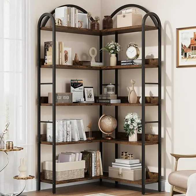 Corner Bookshelf, L Shaped Industrial Metal Frame 5 Tier Arched Etagere Shelf for Living Room & Bedroom
