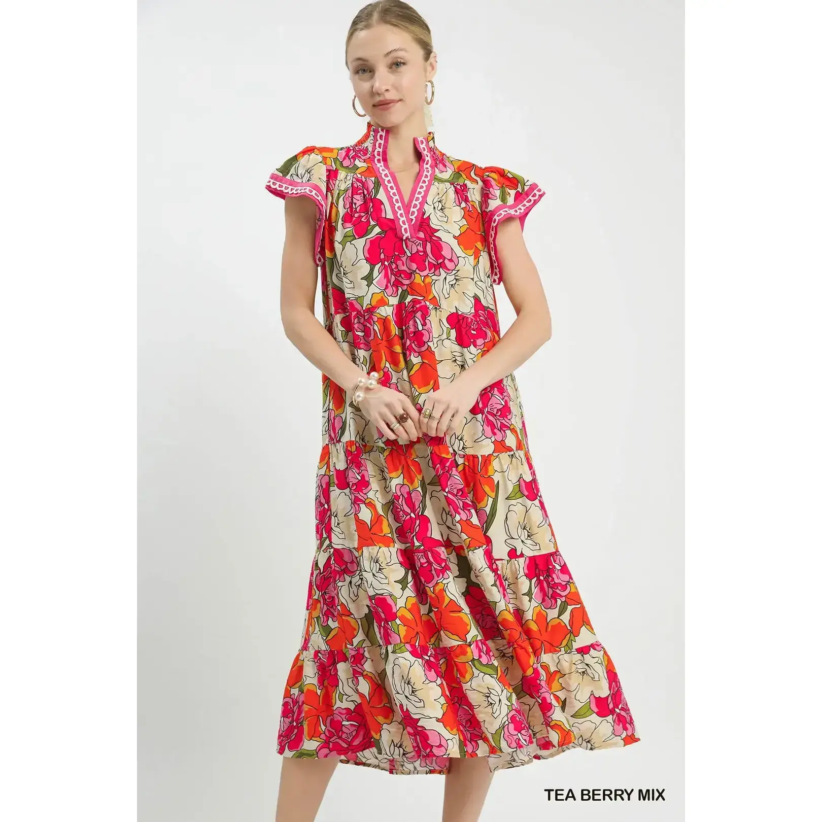 Women's Umgee Nylon Bold Floral Tiered Midi Dress - Feminine, Breathable, Lightweight Casual Womenswear