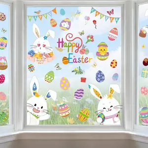 9 Sheets Easter Window Clings, Happy Easter Decorations, Eggs Bunny Rabbit Window Stickers for Home Office School, Spring Decals Decor for Glass Windows Doors