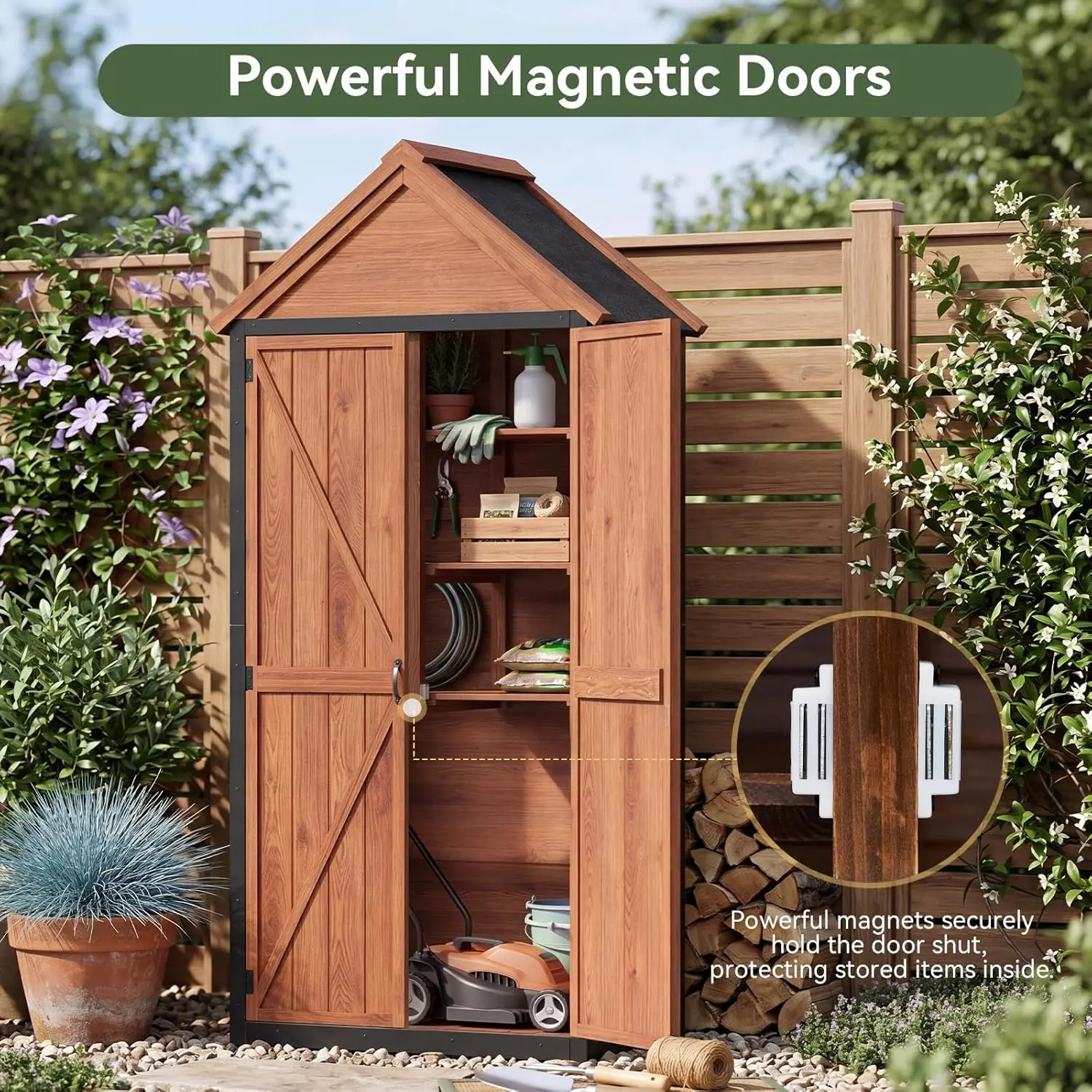 Aoxun Solid Wood Outdoor Storage Cabinet - 2.5x1.4 ft, Asphalt Roof, Magnetic Door, Raised Floor, Weatherproof Tool Organizer for Patio, Garage