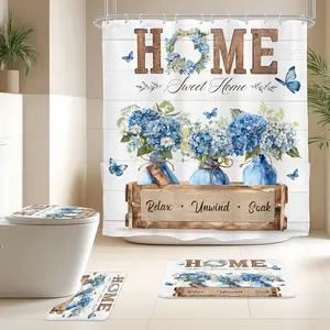 Glawry 4Pcs Blue Hydrangea Shower Curtain Sets 72Wx72L,Home Sweet Bathroom Sets with Rugs and Accessories with 12 Hooks for Farmhouse Bathroom Decor, Non-Slip Rugs, Toilet Lid Cover and U-Shaped Mat