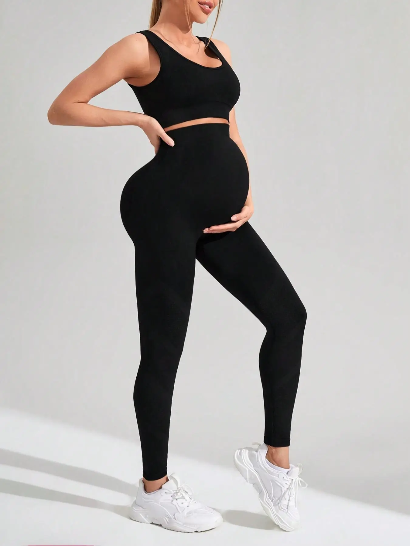 Two-piece Set Women's Backless Crop Tank Top & Skinny Pants Pregnant Maternity Set, Comfy Square Neck Top & High Stretch Leggings for Yoga Gym Workout