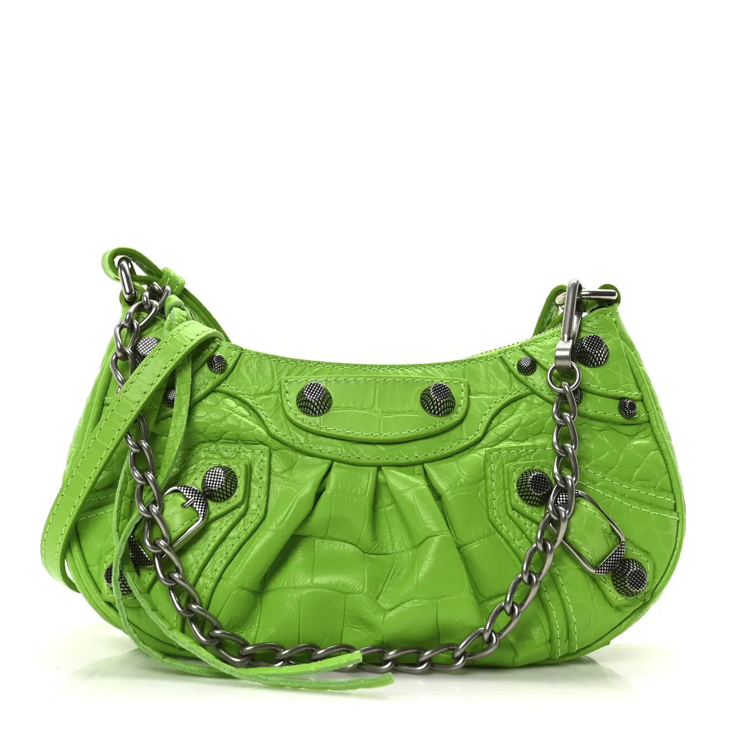 Pre-owned Balenciaga Calfskin Shoulder Bags Extra Supple Crocodile Embossed Le Cagole Mini Purse With Chain Acid Green