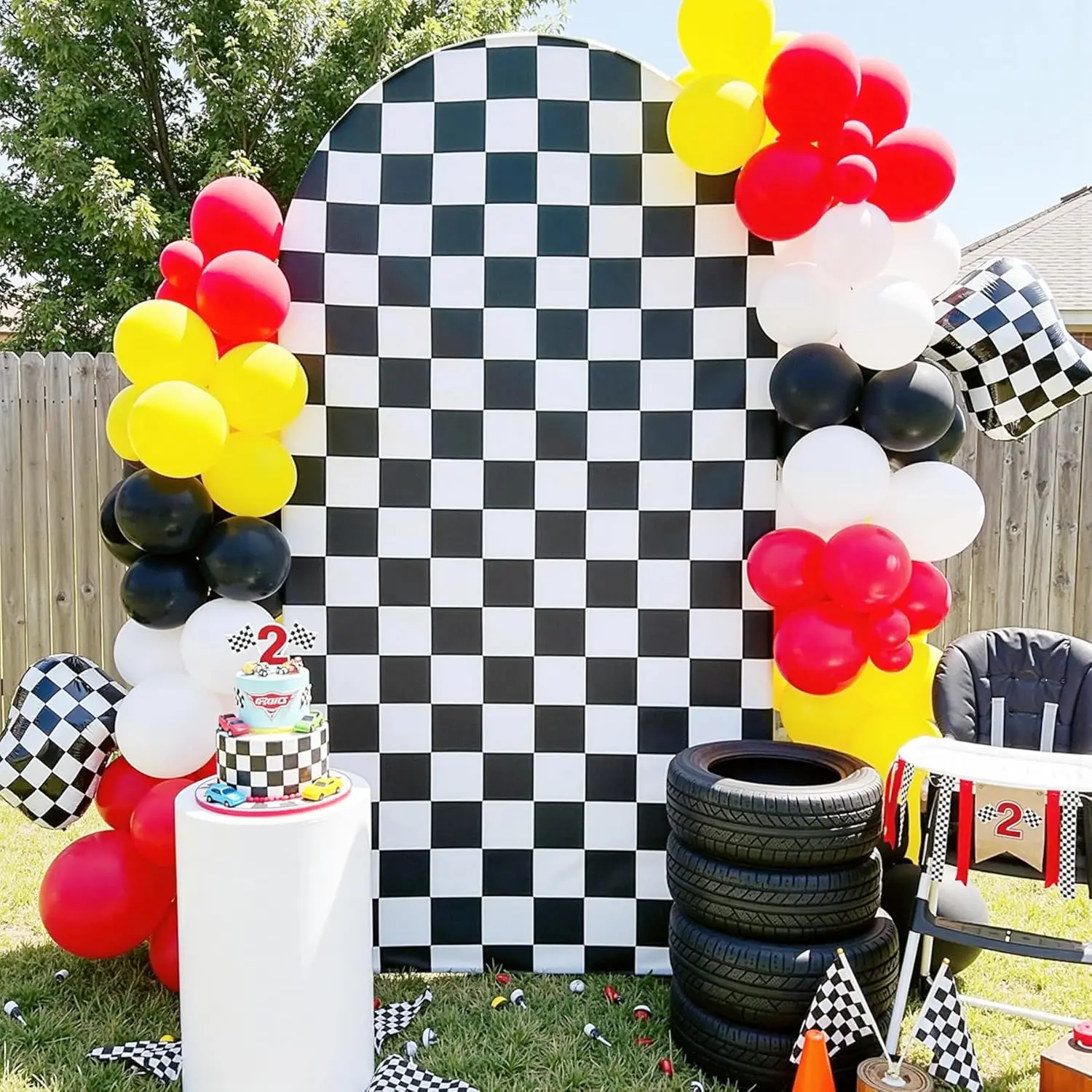 6.6FT 2-Sided Spandex Fitted Checkered Arch Backdrop Cover - Black White Arch Background Cloth, Birthday Party Decoration for Monster Truck Race Car Boys, Baby Shower Supplies, Backdrop Fabric