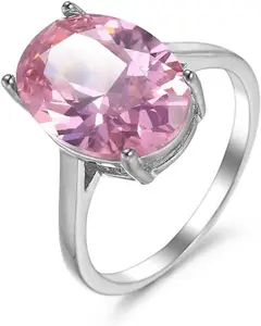 925 Sterling Silver Oval Cut Pink Gemstone Solitaire Ring AAA Cubic Zirconia Pink Detail Cushion Cut CZ Ring Promise Love Halo Engagement Band Jewelry Gift Ring for Women Size 6-10