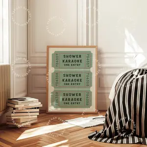 No Framed Shower Karaoke Ticket Print Green Bathroom Retro Cream Aesthetic Shower Singing Funny Wall Art Vintage Trendy Home Decor Physical Print