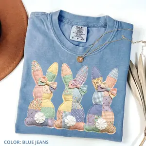 Comfort Colors Patchwork Easter Bunny PRINT T-shirt, Cute Vintage Cottagecore Bunny Shirt Pullover Top, Rabbit Short Sleeve Tee