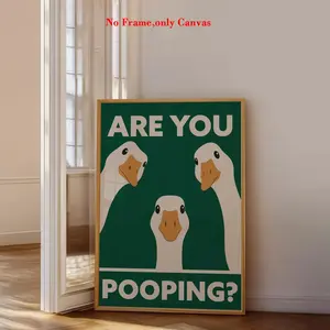 1 pc, wall art, animal poster, duck bathroom sign "Are you pooping?" print, quirky humor green canvas painting, bathroom aesthetics, restroom decor, apartment decor, housewarming gift, unframed