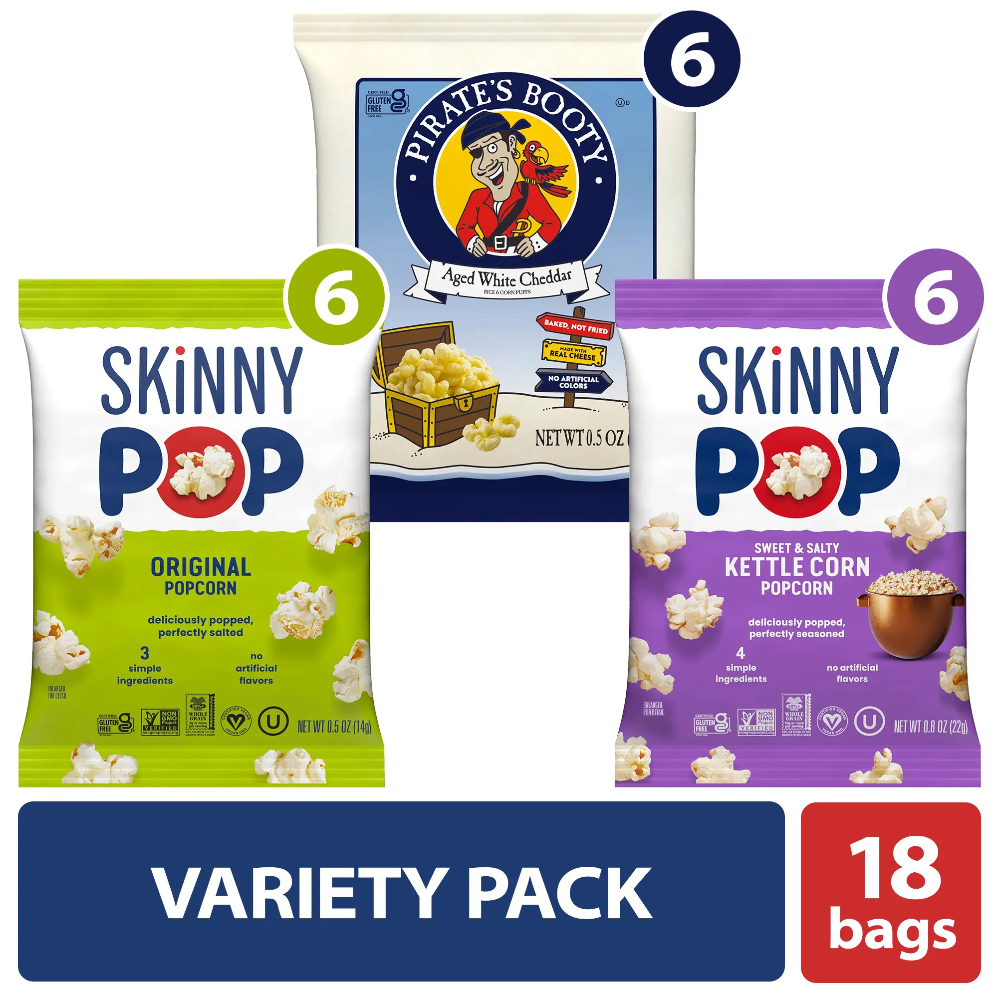 Crunchy SkinnyPop Popcorn & Pirate's Booty Puffs Snack Variety Pack - 0.5 oz Individual Bags, 18 Count