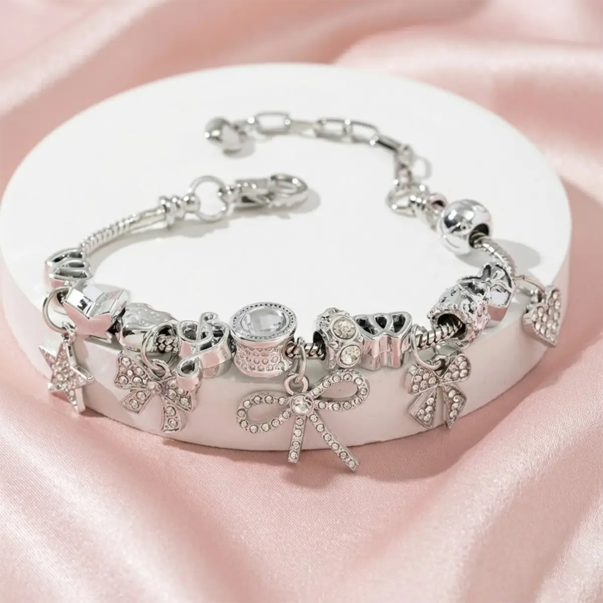 Elegant necklace and bracelet set, cute adjustable friendship bow bracelet, multi-charm star, heart, and music note bracelet, perfect as a birthday gift for women.