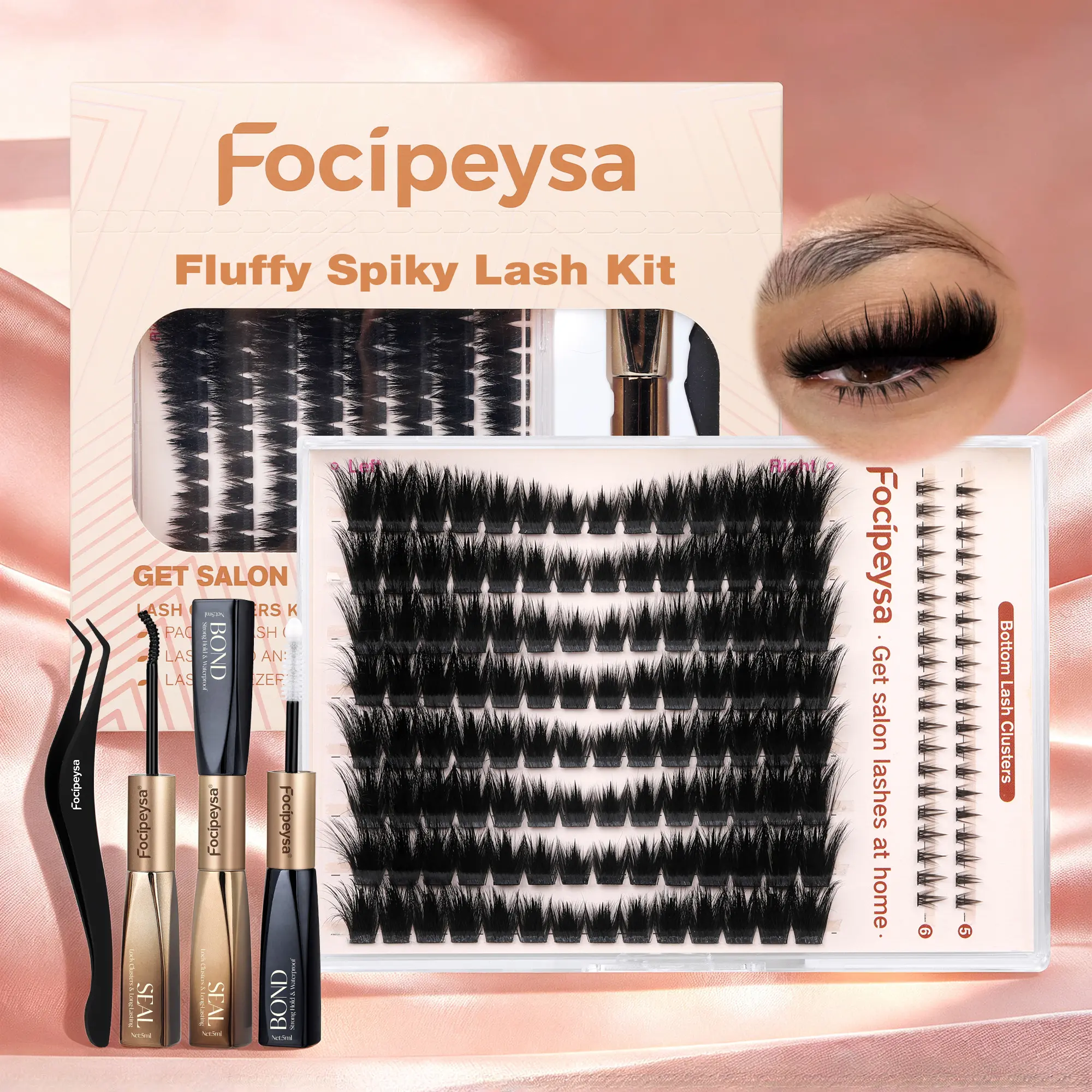 Focipeysa Fluxy Spiky Lash Clusters Kit | 10-18mm Volume Eyelashes Clusters | D-Curl, Bond & Seal, Tweezers, Pre-Mapped L&R with Bottom Lashes | Waterproof, Time-Saving, Beginner-Friendly DIY Individual Lashes for Soft Glam Makeup