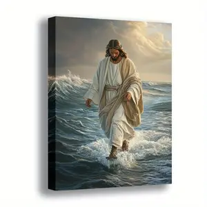 1 Piece Jesus Walking on Water Canvas Wall Art, Artwork - Modern Retro Minimalist Artistic Design, Wooden Frame High-Quality Printing, Suitable for Home & Office Decoration, Tranquil Religious Art, Dynamic ocean scene, scripture wall hanging
