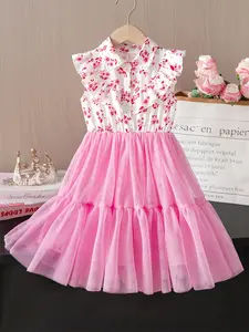 Girls' Floral Printed Princess Dress, Birthday Dress, Sleeveless Design Stand Collar, Multi-Layer Ruffle, Cute & Flowers, Sweet Mesh Skirt