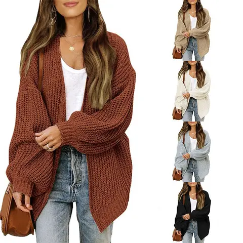 FEITAI Women's Thick Knitted Cardigan - Open-Front Boyfriend-Fit, Lantern Long-Sleeve Oversized Basic Outerwear with Pockets, Stylish Design