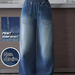 New women's high waisted loose denim pants, straight leg fashionable wide leg pants, blue casual elastic wide leg jeans