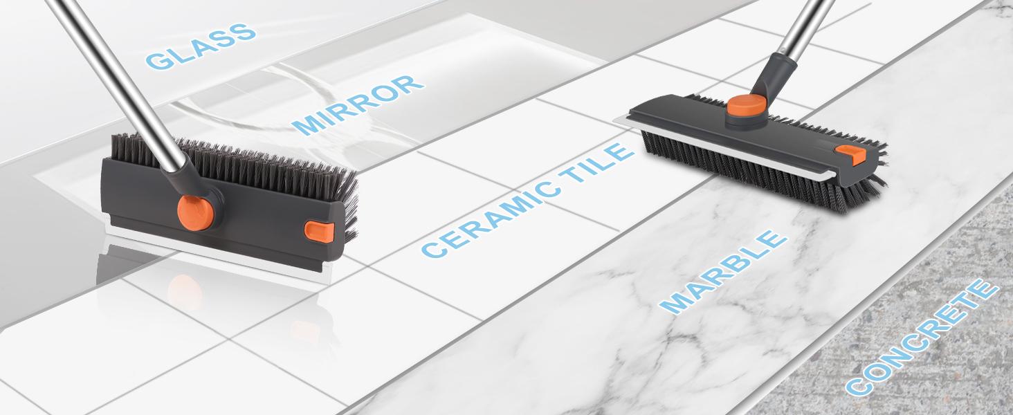 Floor Scrub Brush with Long Handle, 360° Rotating 3 in 1 Heavy Duty Floor Scrubber with Stiff Bristles, Squeegee & Tweezer, Deep Cleaning Push Broom for Bathroom, Shower, Tile, Grout, Patio, Deck, Garage, Kitchen Floor Cleaning Tool