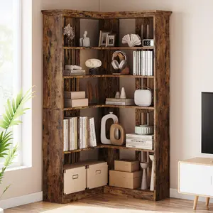 72.8" Tall Brown Farmhouse Corner Bookshelf, 5-Tier L-Shaped Bookcase – Large Wood Storage Display Rack for Living Room or Bedroom
