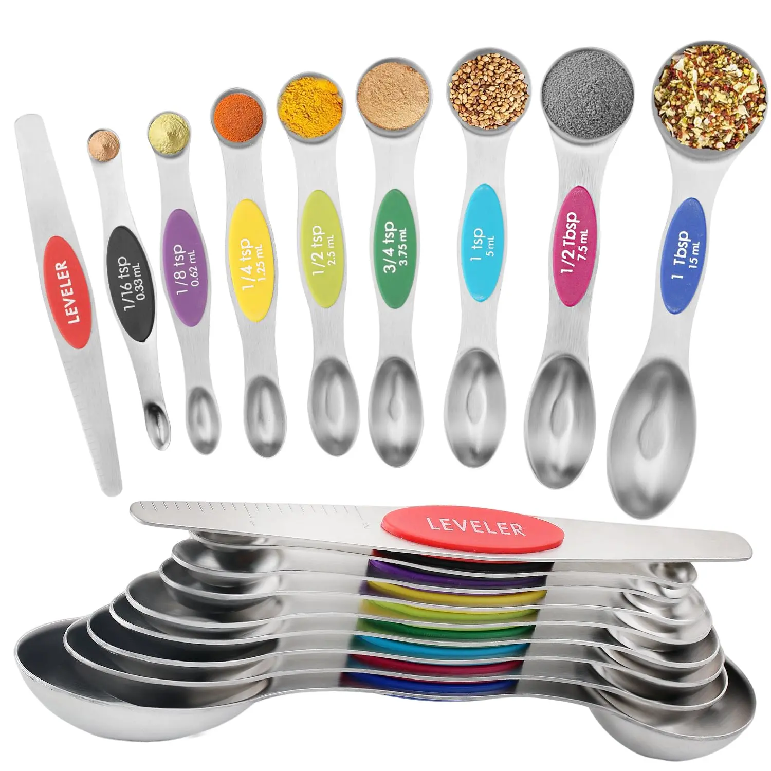 Stainless Steel Magnetic Measuring Spoons Set of 9, Dual Sided Metal Teaspoon & Tablespoon Set with Leveler, Fits in Spice Jars for Dry & Liquid Ingredients, Dishwasher Safe
