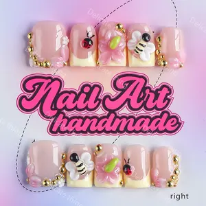 10pcs Y2K Style Square Short Press-On Nails, Nail Decoration Supplies, 100% handmade nails, available in 4 sizes (XS, S, M, L), features bee, carved, yellow French tip & gold bead designs, perfect for family dinners, dates & parties, gift for girls