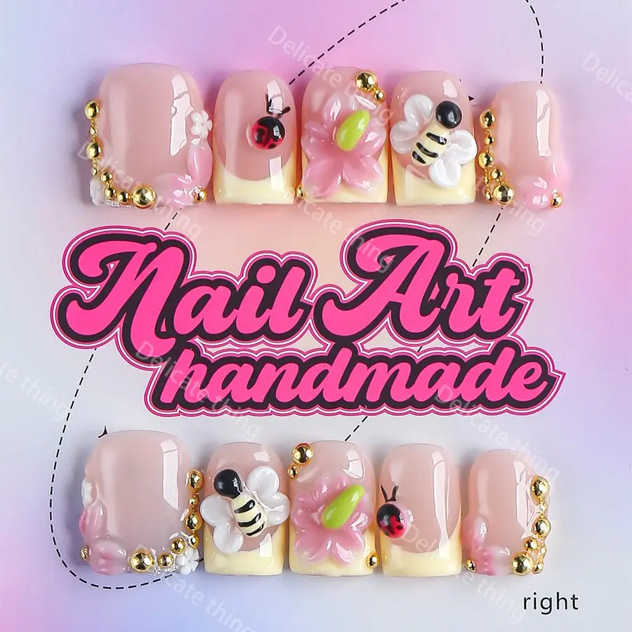 10pcs Y2K Style Square Short Press-On Nails, Handmade Wearable Nails, 100% handmade nails, available in 4 sizes (XS, S, M, L), features bee, yellow French tip & gold bead designs, perfect for family dinners, dates & parties, gift for girls