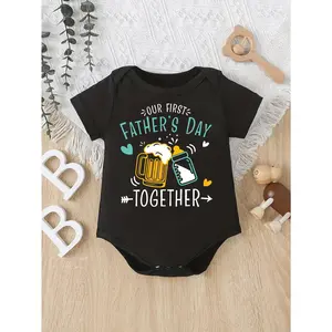 Cute Baby Bodysuit with Our First Fathers Day Together Beer And Bottle Print Soft Versatile Round Neck Button Detail Regular Fit All Seasons Knitted Fabric Onesie for 0-12 Months
