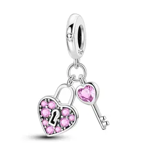 MULA 925 Sterling Silver Heart Lock and Key Pendant | Romantic Pink Zircon Pendant | Symbol of love and commitment | Fits Pandora bracelets and necklaces | Perfect anniversary and Valentine's Day gift