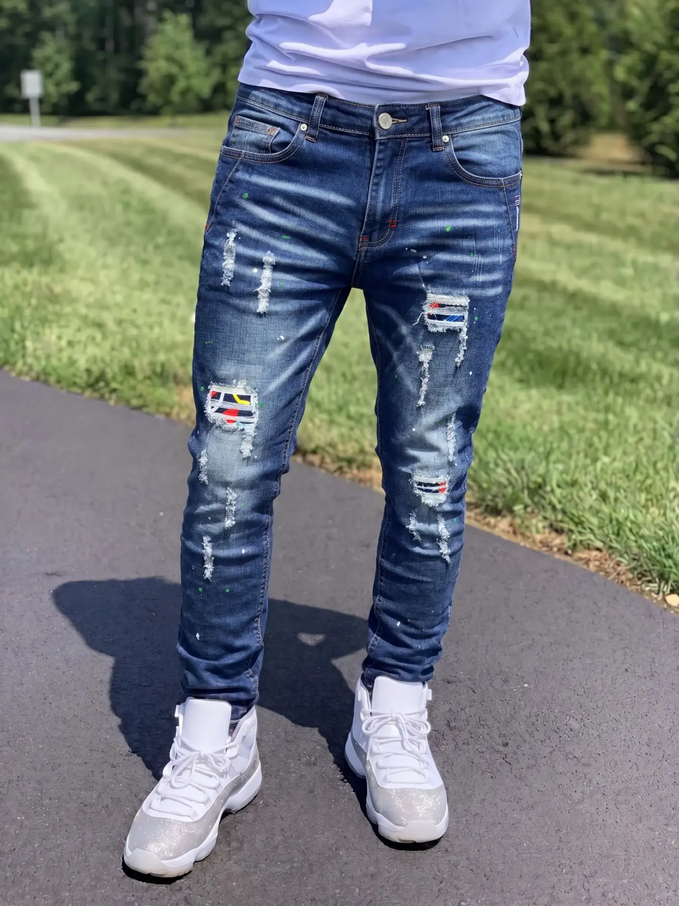 Men's Street Style Fashion Distressed Jeans, Blue Slim Fit Denim, Colorful Patchwork, Spray Paint, Elastic Skinny Pants, Party Daily Wear, Streetwear, Ripped Pocket Design, Casual Streetwear Jeans