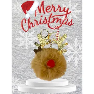 Sequined Reindeer Keychain Purse Charm - Plush Antlers Key Rings with Lobster Clasp