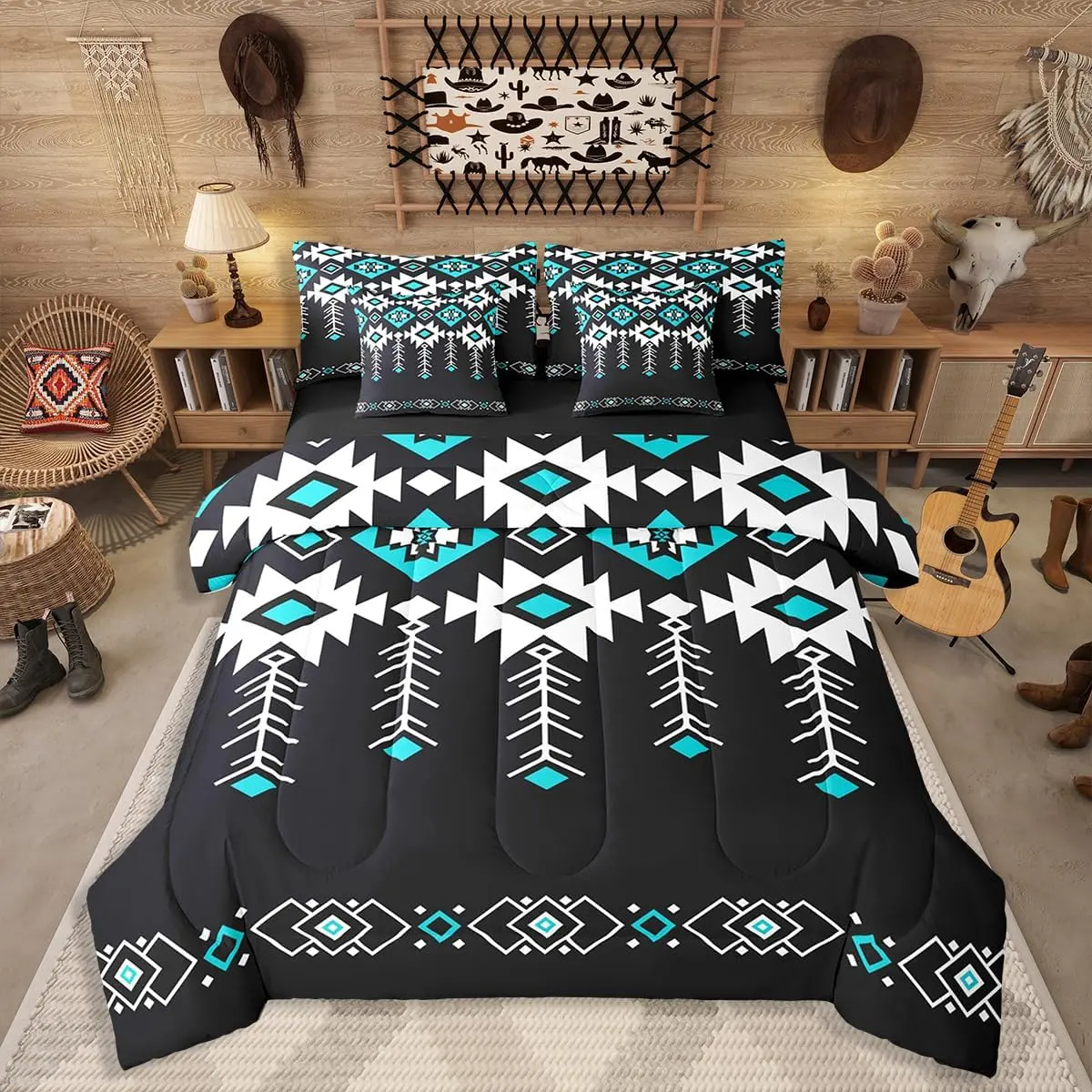 Feelyou 7-Piece Western Aztec Print Bed-in-a-Bag, Native American Navajo Comforter & Geometric Sheet Set, Rustic Southwestern Decorative Soft Microfiber Bedding Set, Gifts for the Bedroom, Decorative Bedding Set, Soft Bedding Sets