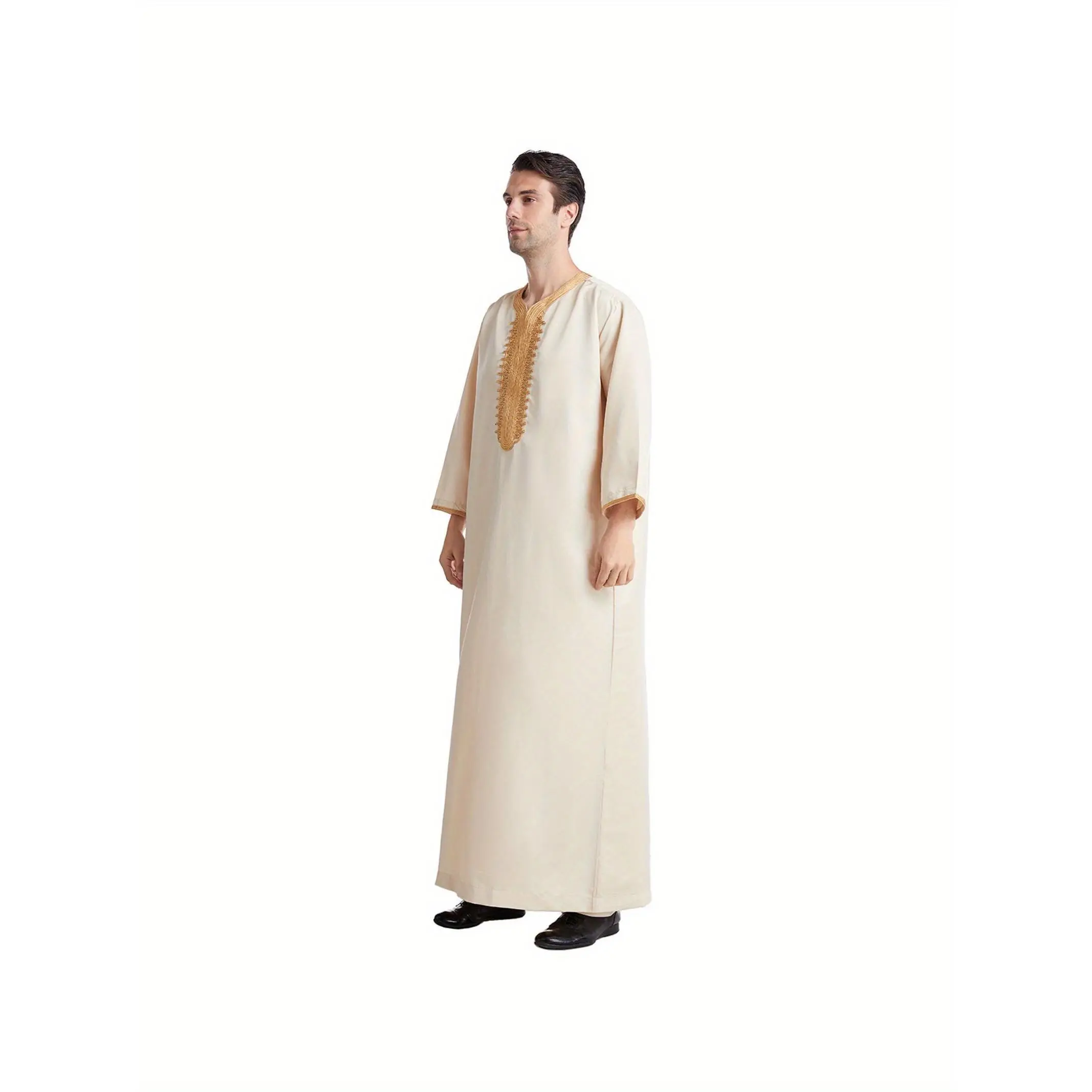 Men's Traditional Arabic Thobe Robe - Heavy-Duty 8-Sleeve Muslim Dress with White & Golden Houndstooth-like Pattern, Beige Islamic Clothing for Hajj, Ramadan, Weddings - Machine Washable, All-Season Wear, PLUS SIZE