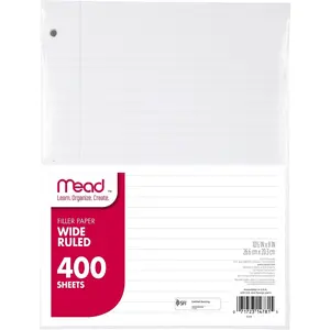Loose Leaf Paper, Filler Paper, Wide Ruled, 400 Sheets, 10-1/2" x 8", 3 Hole Punched, 1 Pack (150036-ECM)