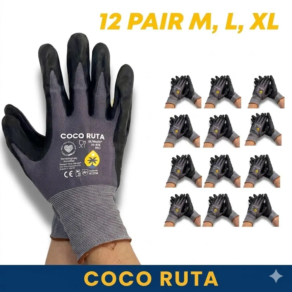 COCO RUTA Lightweight Industrial Work Gloves 12 Pairs, Flexible Grip Gloves for Construction, Warehouse, Automotive Repair & General Labor
