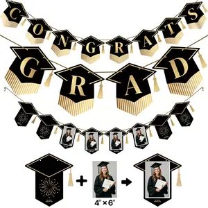 Graduation Decorations Class of 2026 Grad Party Supplies Set with Black Gold 2026 Hanging Congrats Grad Party Banner Supplies for Middle High School College Graduation Party Black and Gold 2pcs Banner