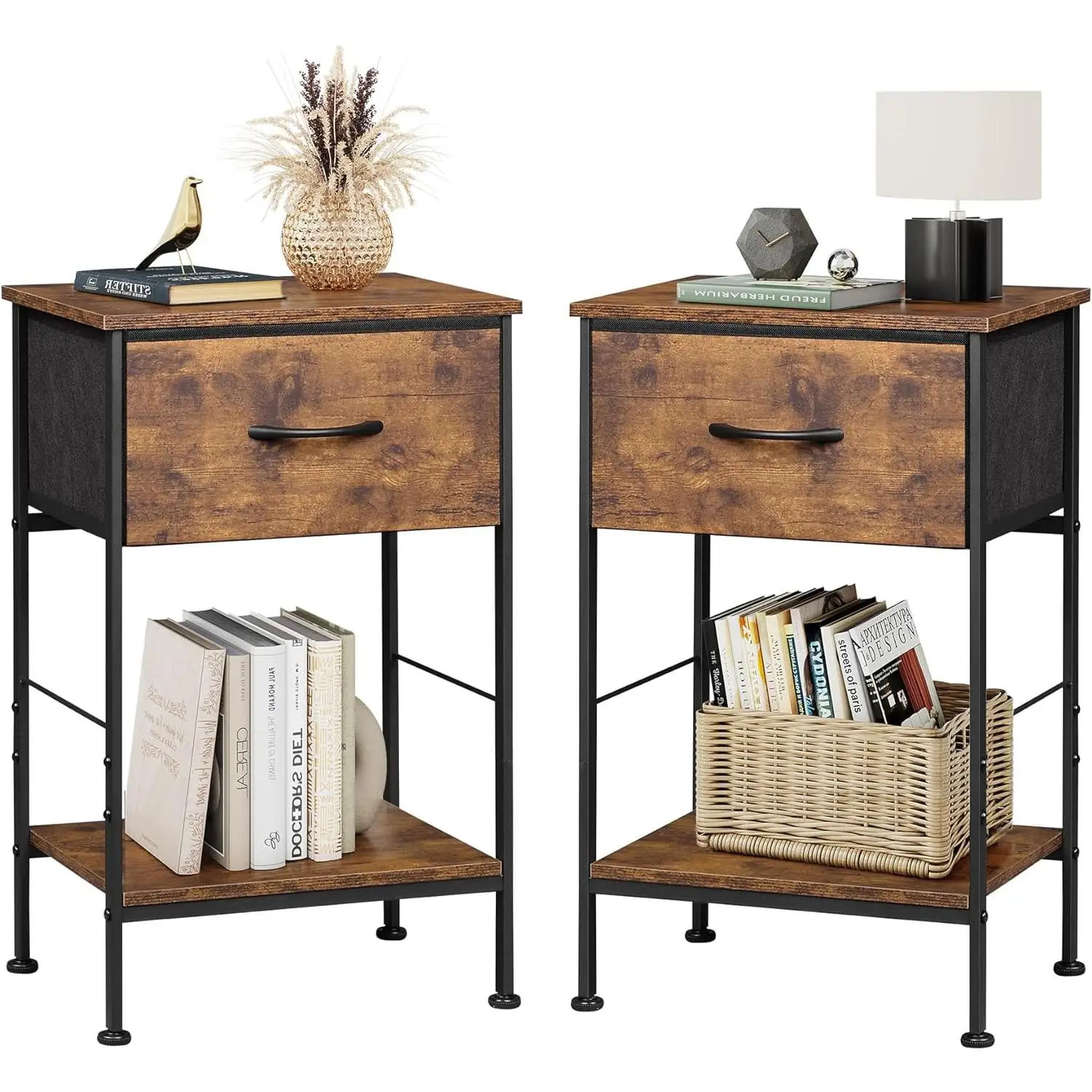 WLIVE Boho Nightstand Duo | Set of 2 End Tables, with Fabric Drawers + Open Wood Shelf, 25" Slim Storage for Bedroom & Dorm