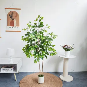 Highly Restored Simulated Double-Trunk Film Green Banyan Tree, Multiple Sizes Available, Real Tree Bark Texture with Natural Branches, Lifelike Leaves, Imitation Green Potted Plant for Living Room