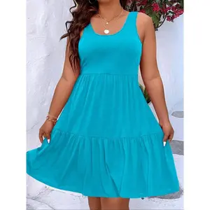 Plus Size Solid Color Pleated Vest, Casual Fashion Sleeveless Low Round Neck Summer A-Line Skirt, Women’s Daily Wear GARMENTARY