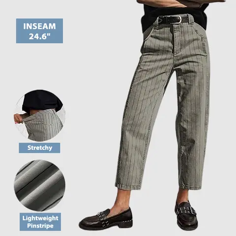 Flamingals Pinstriped Mid Waist Straight Leg Crop Pants Comfort Casual Womenswear