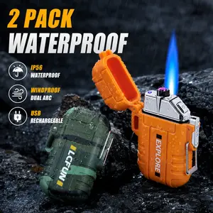 2 Pack Waterproof Outdoor Lighter Windproof Torch Lighters Butane Refillable USB Rechargeable Electric Dual Arc Plasma Lighter Hiking Camping Essentials Hunting Survival Tactical Gear Gadgets