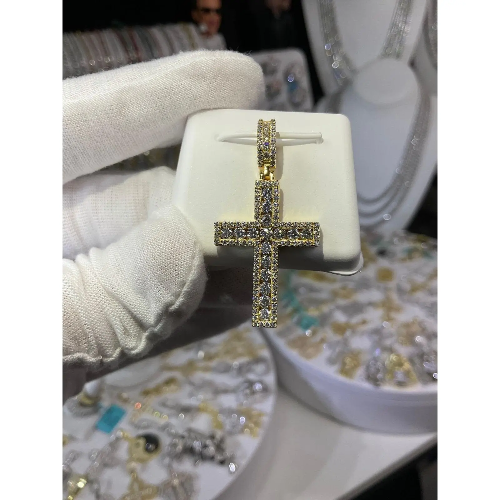Vermeil Moissanite Channel Set Floating Stone Cross Pendant