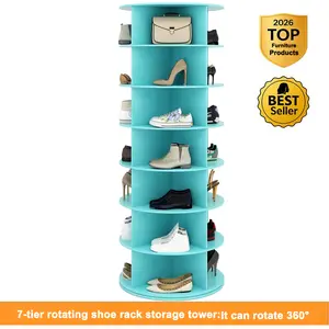 7-Tier Rotating Shoe Rack Tower, Free Standing 360 Degree Spinning Shoe Organizer, Lazy Susan Bag Display Storage Rack, for Corners, Closets, Small Spaces