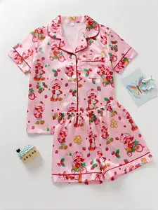 Girls' 2-Piece Collared Pajama Set, Cute Strawberry Fruit Print, Button Front Short Sleeve Top + Elastic Shorts, All-Seasons Satin Fabric