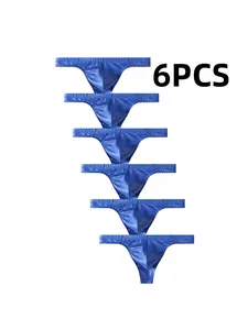 6 Pack,Men's Sexy Low Waist Thong Underwear Set, Soft Smooth Faux Leather, Solid Color, Casual Daily Wear, All Seasons